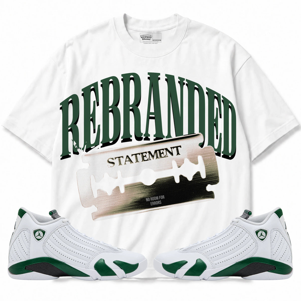 Rebranded Studios Statement Air Jordan 14 Forest Green Graphic T-Shirt — front with matching Forest Green 14 sneakers
