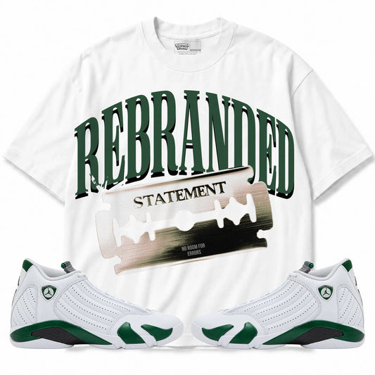 Rebranded Studios Statement Air Jordan 14 Forest Green Graphic T-Shirt — front with matching Forest Green 14 sneakers