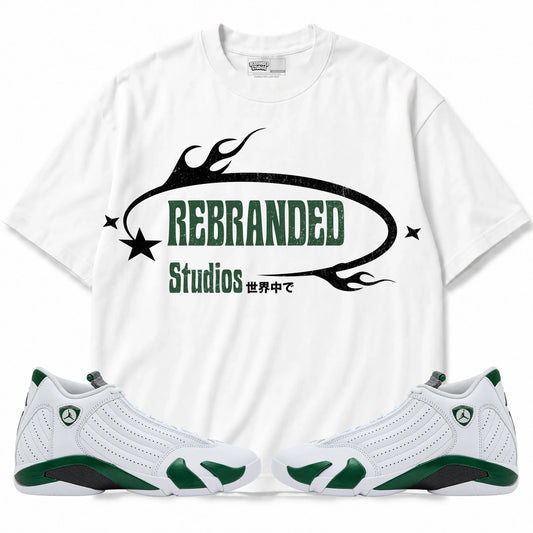 Rebranded Studios Studios Air Jordan 14 Forest Green Graphic T-Shirt — front with matching Forest Green 14 sneakers
