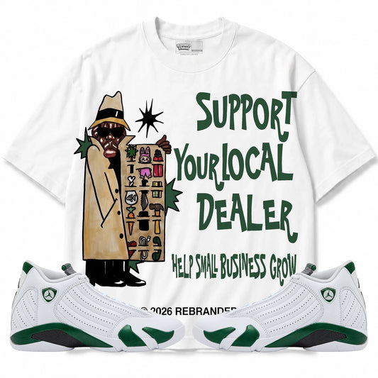 Rebranded Studios Support Your Local Dealer Air Jordan 14 Forest Green Graphic T-Shirt — front with matching Forest Green 14 sneakers