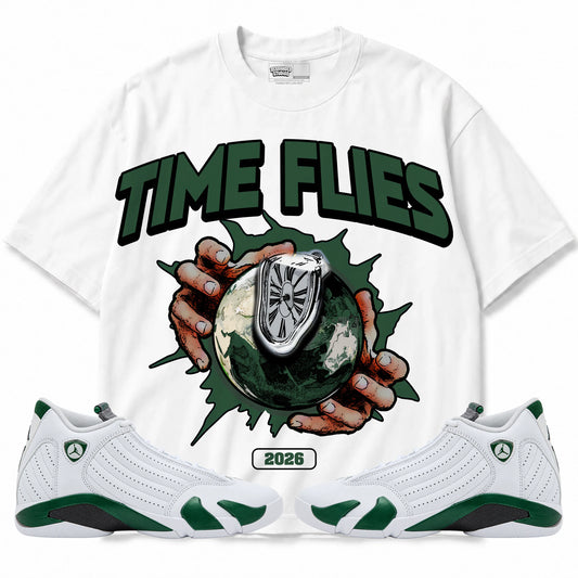 Rebranded Studios Time Flies Air Jordan 14 Forest Green Graphic T-Shirt — front with matching Forest Green 14 sneakers