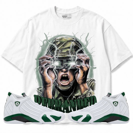 Rebranded Studios War Hero Air Jordan 14 Forest Green Graphic T-Shirt — front with matching Forest Green 14 sneakers