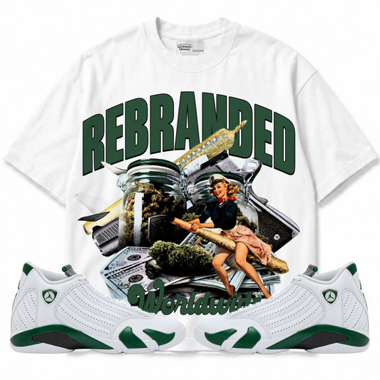 Rebranded Studios WorldWide Air Jordan 14 Forest Green Graphic T-Shirt — front with matching Forest Green 14 sneakers