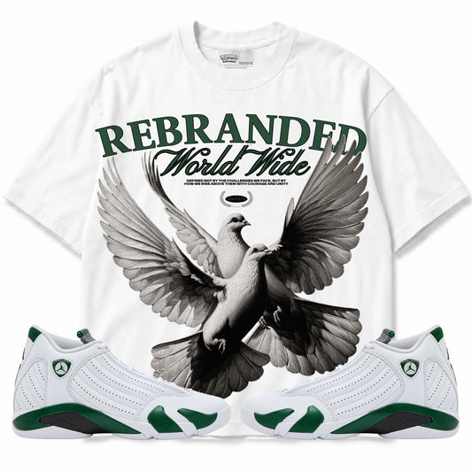 Rebranded Studios WW Birds Air Jordan 14 Forest Green Graphic T-Shirt — front with matching Forest Green 14 sneakers