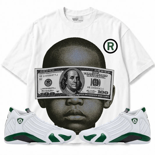 Rebranded Studios Yung Money Air Jordan 14 Forest Green Graphic T-Shirt — front with matching Forest Green 14 sneakers