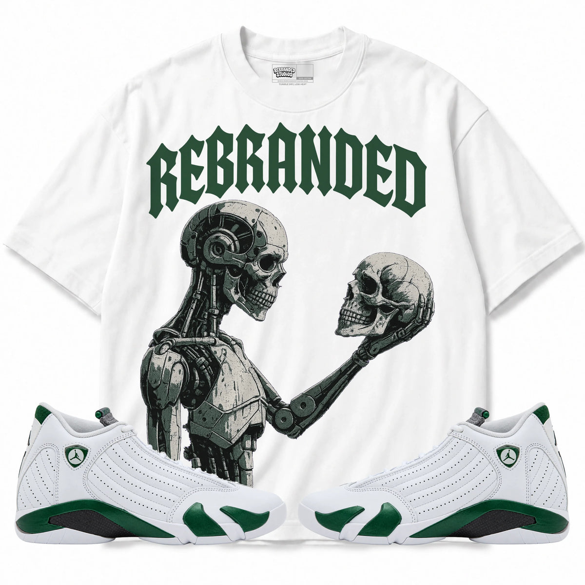 Rebranded Studios A Look At The Past Air Jordan 14 Forest Green Graphic T-Shirt — front with matching Forest Green 14 sneakers