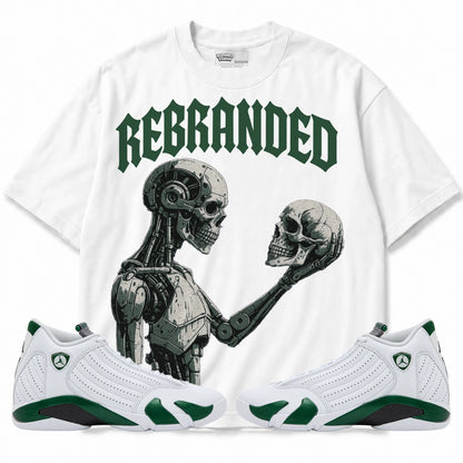 Rebranded Studios A Look At The Past Air Jordan 14 Forest Green Graphic T-Shirt — front with matching Forest Green 14 sneakers