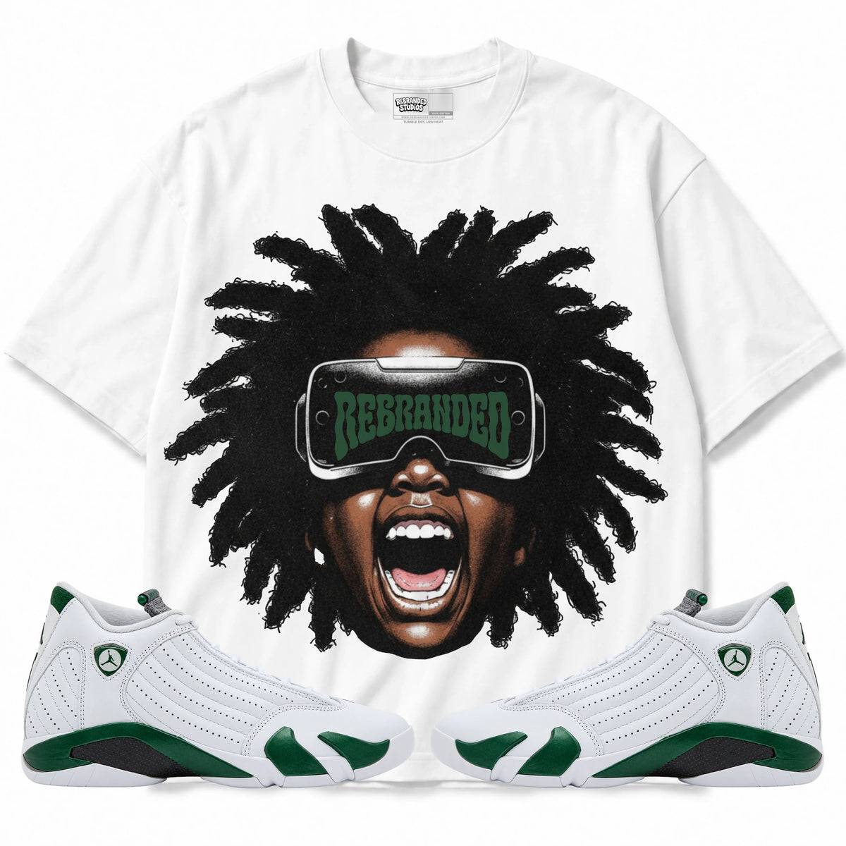 Rebranded Studios A Look Into The Future Air Jordan 14 Forest Green Graphic T-Shirt — front with matching Forest Green 14 sneakers