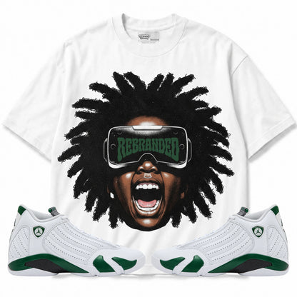 Rebranded Studios A Look Into The Future Air Jordan 14 Forest Green Graphic T-Shirt — front with matching Forest Green 14 sneakers