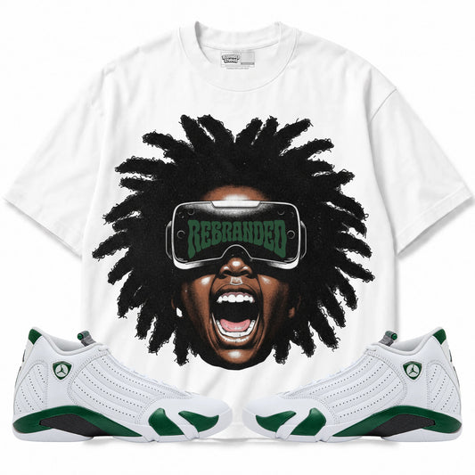Rebranded Studios A Look Into The Future Air Jordan 14 Forest Green Graphic T-Shirt — front with matching Forest Green 14 sneakers