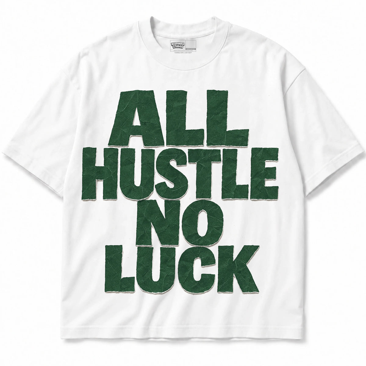 Rebranded Studios All Hustle No Luck Air Jordan 14 Forest Green Graphic T-Shirt — shirt front