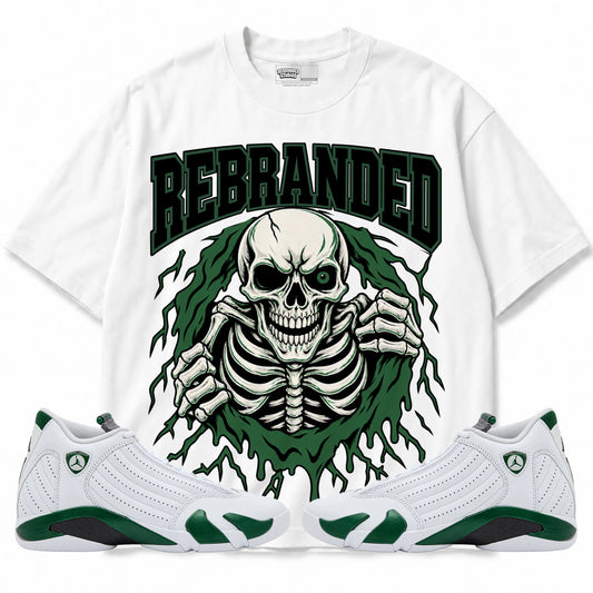 Rebranded Studios Bonez Air Jordan 14 Forest Green Graphic T-Shirt — front with matching Forest Green 14 sneakers