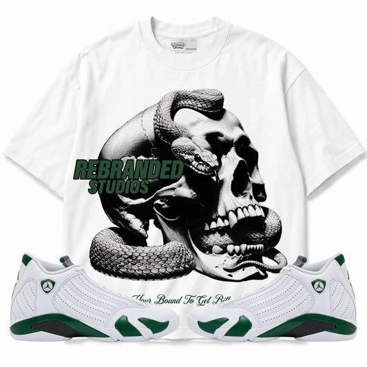 Rebranded Studios Bound To Get Bitten Air Jordan 14 Forest Green Graphic T-Shirt — front with matching Forest Green 14 sneakers