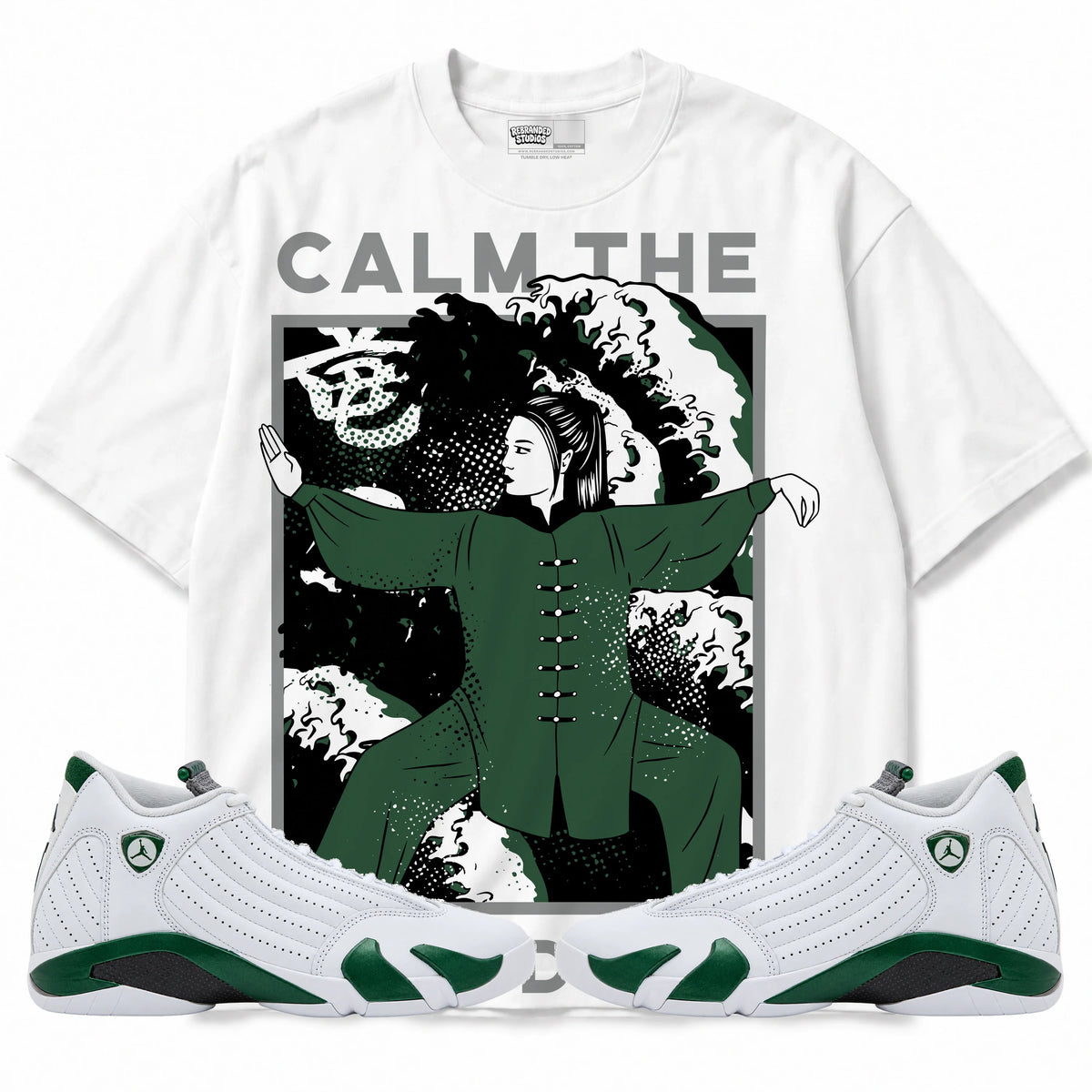 Rebranded Studios Calm TF Down Air Jordan 14 Forest Green Graphic T-Shirt — front with matching Forest Green 14 sneakers