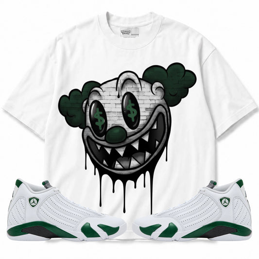 Rebranded Studios Clown Air Jordan 14 Forest Green Graphic T-Shirt — front with matching Forest Green 14 sneakers