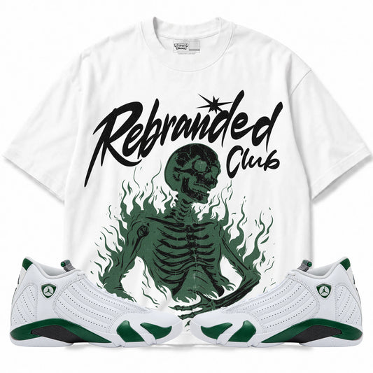 Rebranded Studios Club (Front-facing Skeleton) Air Jordan 14 Forest Green Graphic T-Shirt — front with matching Forest Green 14 sneakers
