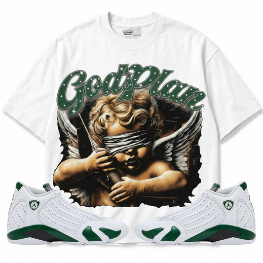 Rebranded Studios God's Plan Air Jordan 14 Forest Green Graphic T-Shirt — front with matching Forest Green 14 sneakers