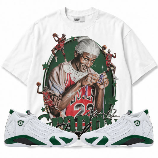 Rebranded Studios Granny Jordan Air Jordan 14 Forest Green Graphic T-Shirt — front with matching Forest Green 14 sneakers