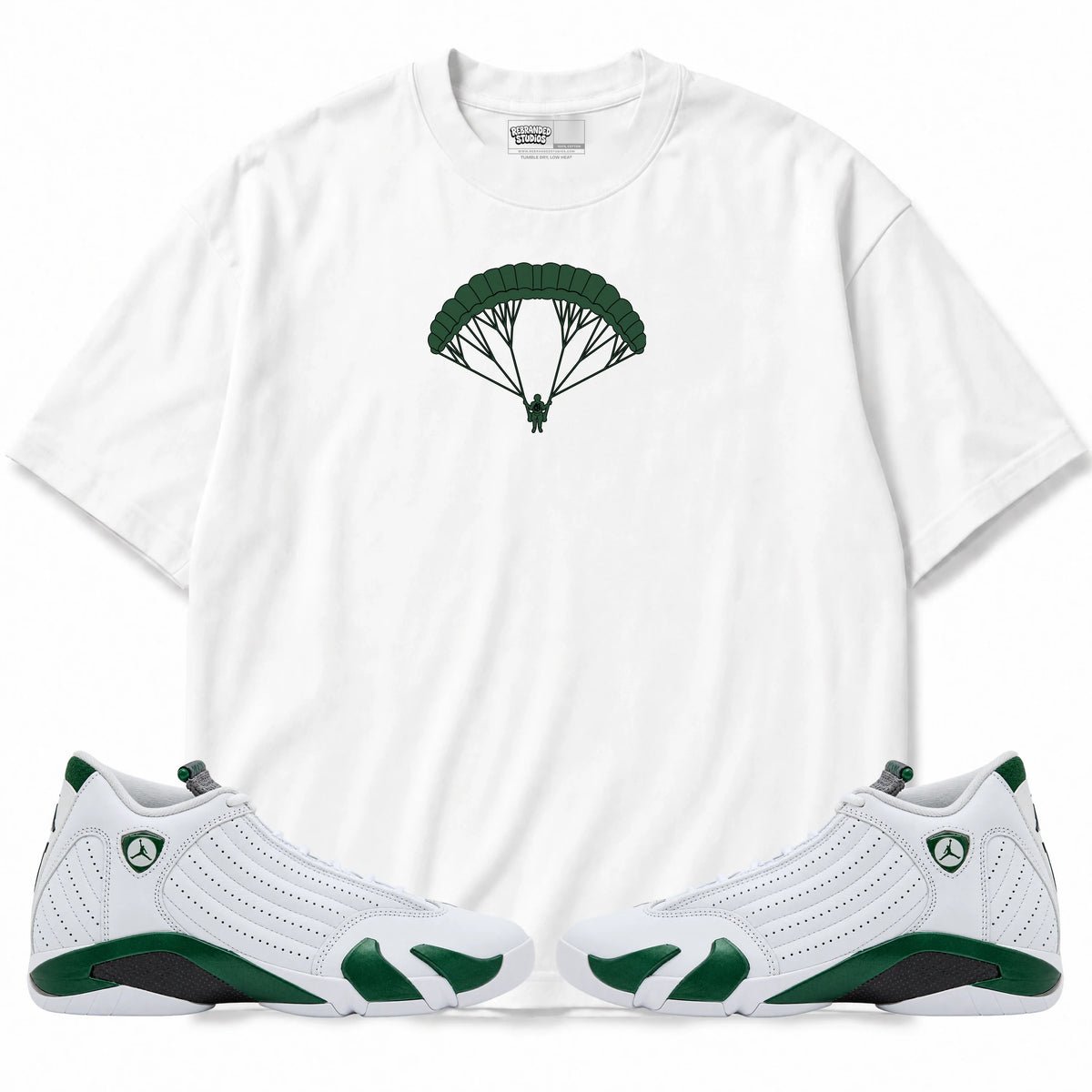 Rebranded Studios High Life Air Jordan 14 Forest Green Graphic T-Shirt — front with matching Forest Green 14 sneakers