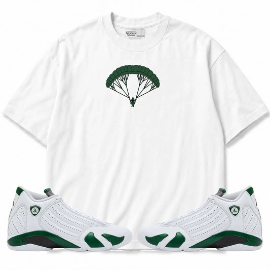 Rebranded Studios High Life Air Jordan 14 Forest Green Graphic T-Shirt — front with matching Forest Green 14 sneakers