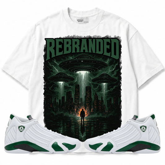 Rebranded Studios Invasion Air Jordan 14 Forest Green Graphic T-Shirt — front with matching Forest Green 14 sneakers