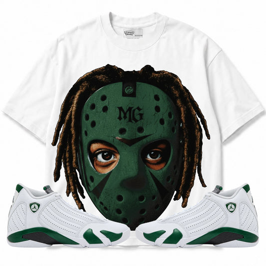 Rebranded Studios Jason Air Jordan 14 Forest Green Graphic T-Shirt — front with matching Forest Green 14 sneakers