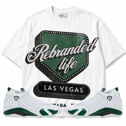Rebranded Studios Life Air Jordan 14 Forest Green Graphic T-Shirt — front with matching Forest Green 14 sneakers
