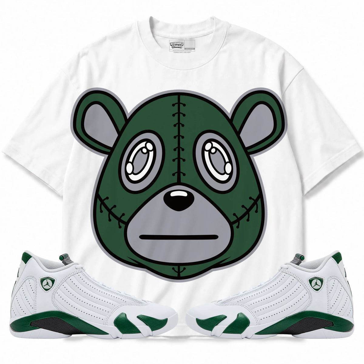 Rebranded Studios Rebranded Bear Air Jordan 14 Forest Green Graphic T-Shirt — front with matching Forest Green 14 sneakers