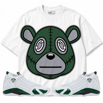 Rebranded Studios Rebranded Bear Air Jordan 14 Forest Green Graphic T-Shirt — front with matching Forest Green 14 sneakers