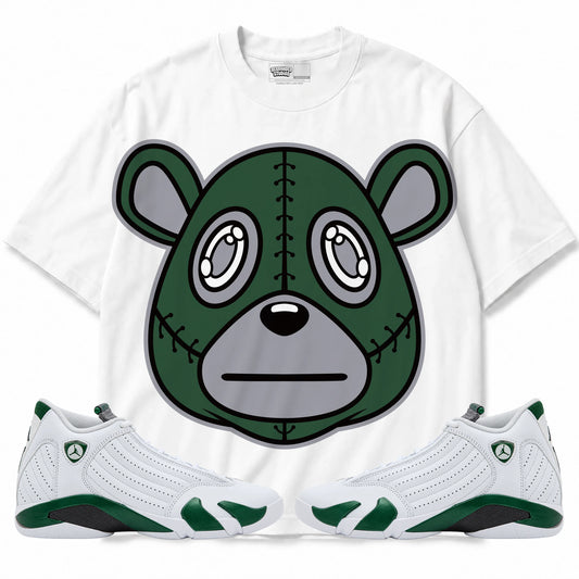 Rebranded Studios Rebranded Bear Air Jordan 14 Forest Green Graphic T-Shirt — front with matching Forest Green 14 sneakers