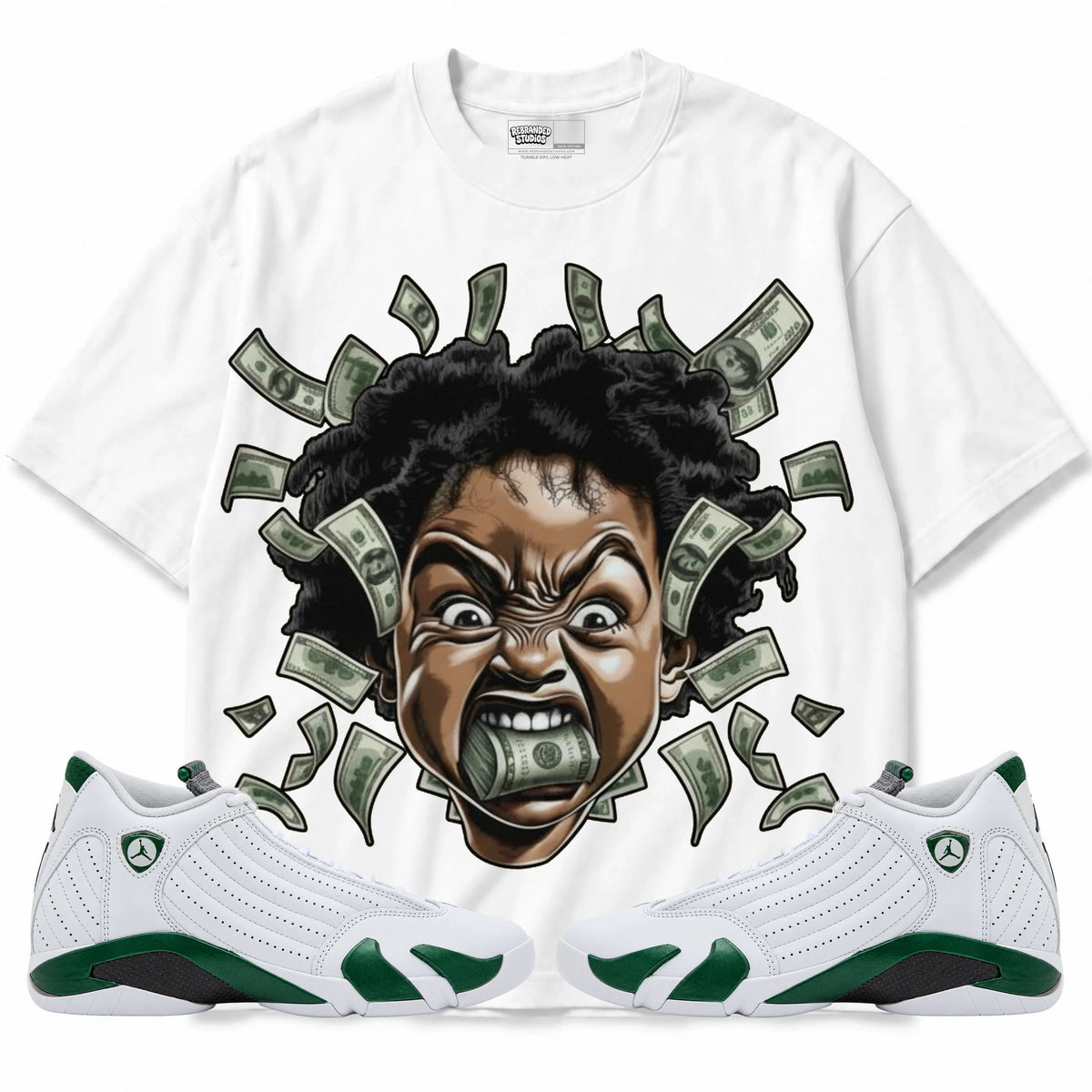 Rebranded Studios Money Mouth Air Jordan 14 Forest Green Graphic T-Shirt — front with matching Forest Green 14 sneakers