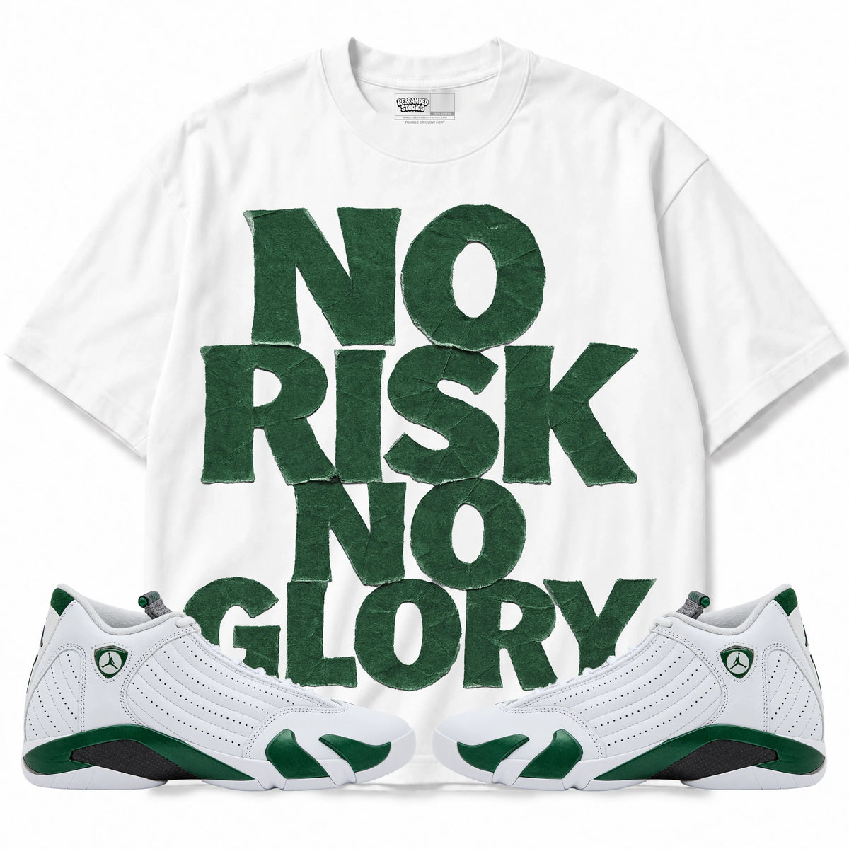 Rebranded Studios No Risk No Glory Air Jordan 14 Forest Green Graphic T-Shirt — front with matching Forest Green 14 sneakers