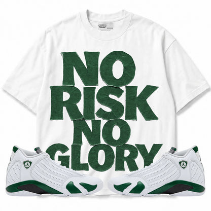 Rebranded Studios No Risk No Glory Air Jordan 14 Forest Green Graphic T-Shirt — front with matching Forest Green 14 sneakers