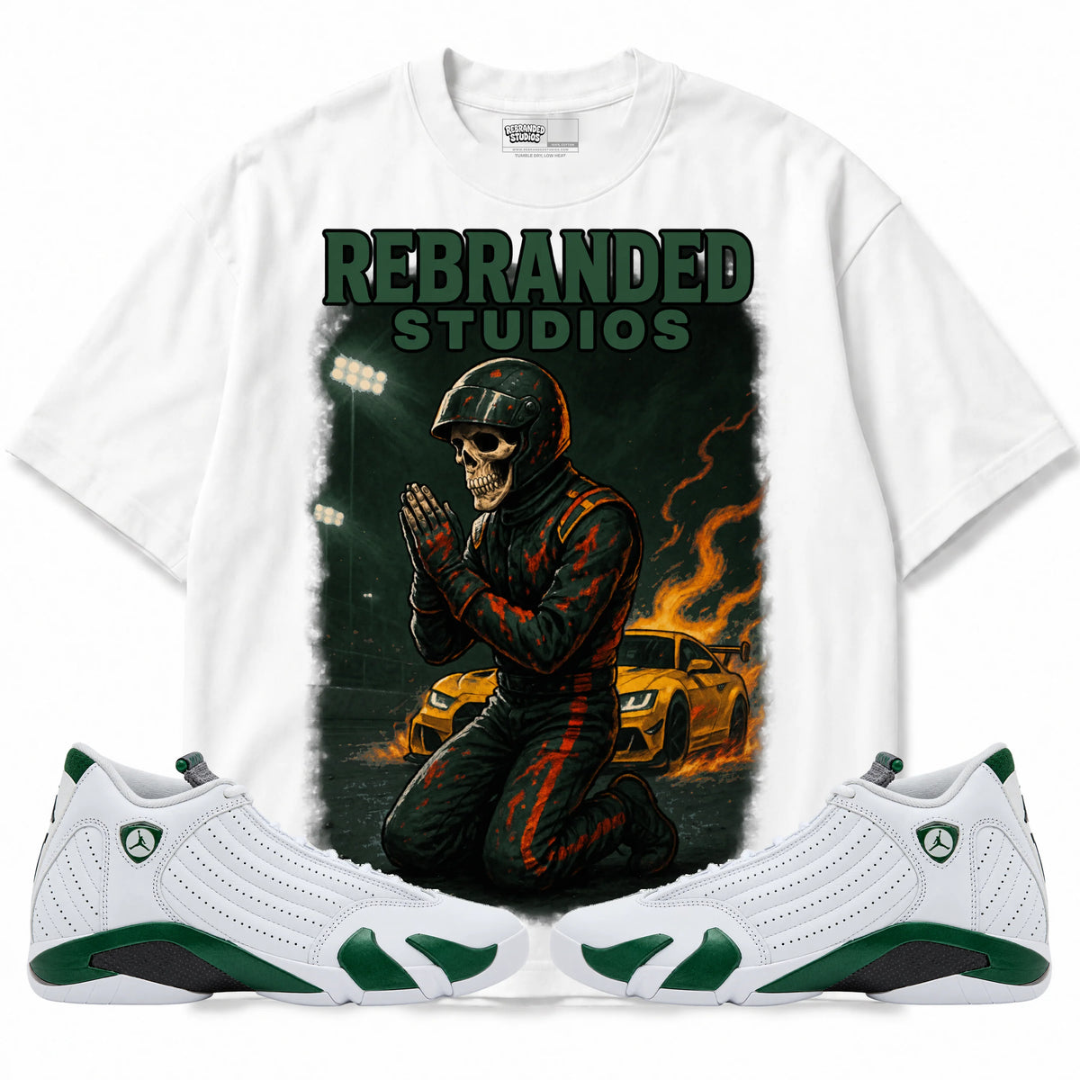 Rebranded Studios Prayers Air Jordan 14 Forest Green Graphic T-Shirt — front with matching Forest Green 14 sneakers