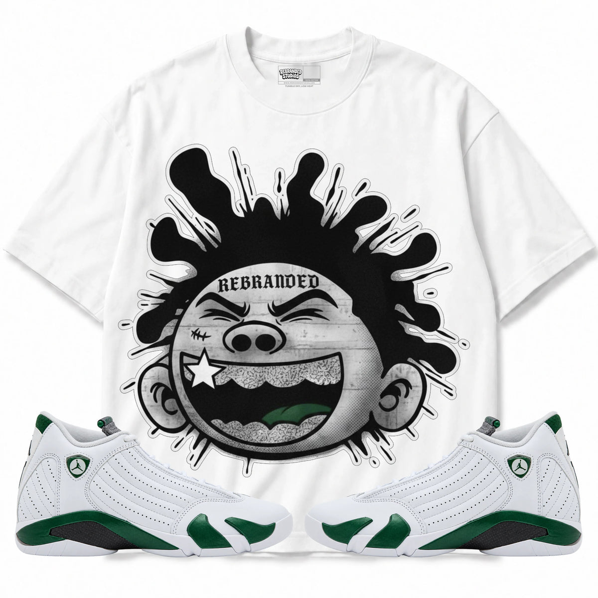 Rebranded Studios Silly Kid Air Jordan 14 Forest Green Graphic T-Shirt — front with matching Forest Green 14 sneakers