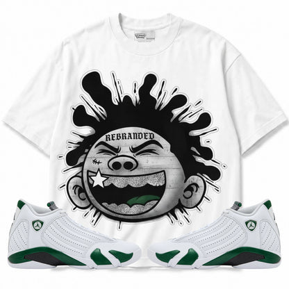 Rebranded Studios Silly Kid Air Jordan 14 Forest Green Graphic T-Shirt — front with matching Forest Green 14 sneakers