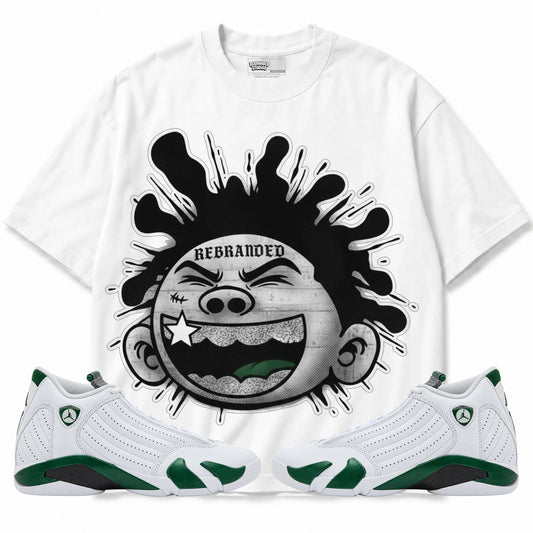 Rebranded Studios Silly Kid Air Jordan 14 Forest Green Graphic T-Shirt — front with matching Forest Green 14 sneakers