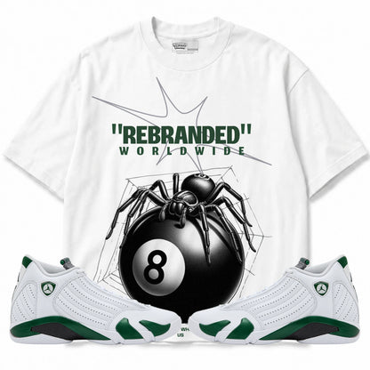 Rebranded Studios Spider Air Jordan 14 Forest Green Graphic T-Shirt — front with matching Forest Green 14 sneakers