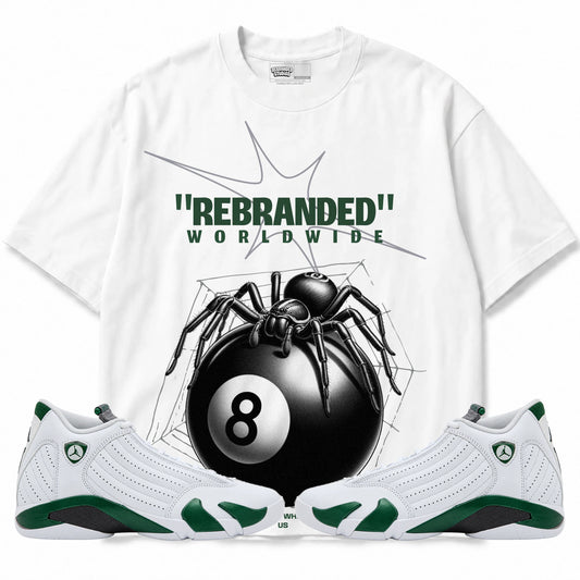 Rebranded Studios Spider Air Jordan 14 Forest Green Graphic T-Shirt — front with matching Forest Green 14 sneakers