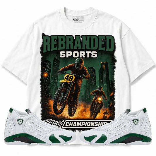 Rebranded Studios Sports Air Jordan 14 Forest Green Graphic T-Shirt — front with matching Forest Green 14 sneakers