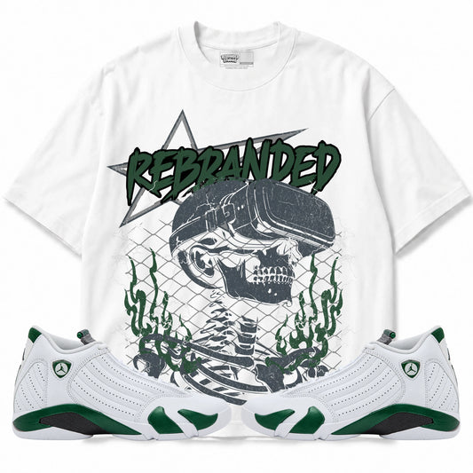 Rebranded Studios Star Air Jordan 14 Forest Green Graphic T-Shirt — front with matching Forest Green 14 sneakers