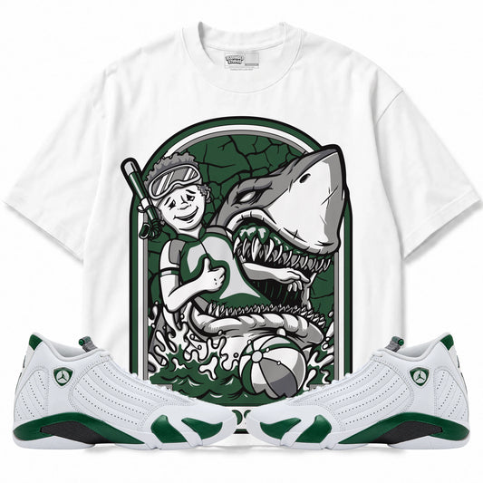 Rebranded Studios Stay Positive Air Jordan 14 Forest Green Graphic T-Shirt — front with matching Forest Green 14 sneakers