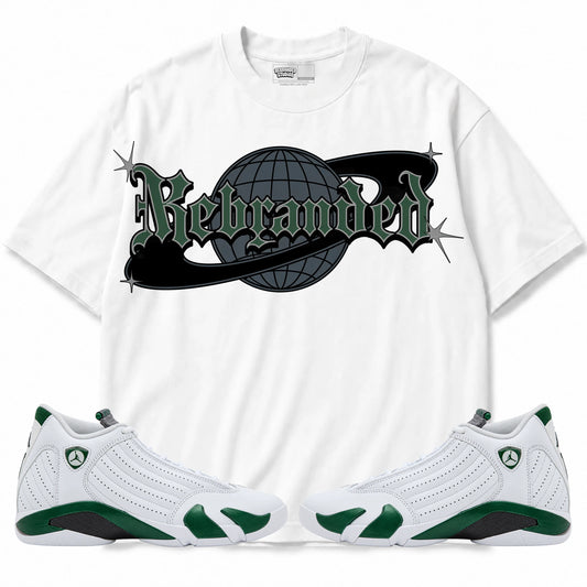 Rebranded Studios World Air Jordan 14 Forest Green Graphic T-Shirt — front with matching Forest Green 14 sneakers