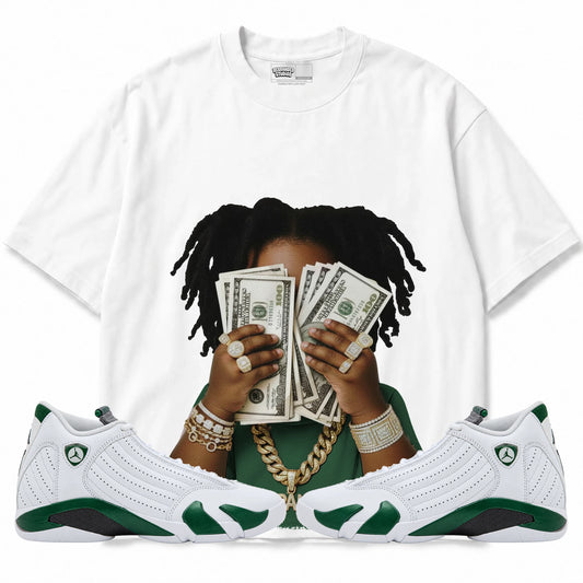 Rebranded Studios Yung Cash Air Jordan 14 Forest Green Graphic T-Shirt — front with matching Forest Green 14 sneakers
