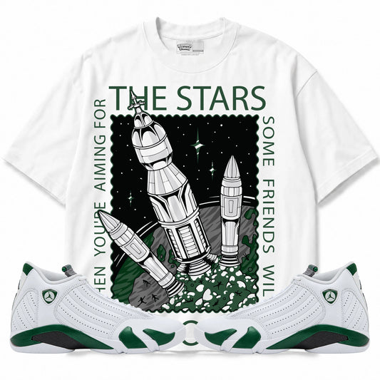 Rebranded Studios When You're Aiming For The Stars Some Friends Will Fall Off Air Jordan 14 Forest Green Graphic T-Shirt — front with matching Forest Green 14 sneakers