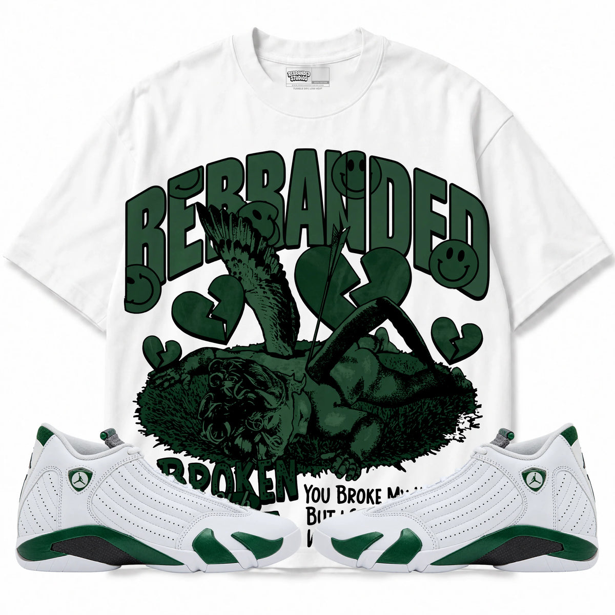 Rebranded Studios Broken Heart Club Air Jordan 14 Forest Green Graphic T-Shirt — front with matching Forest Green 14 sneakers