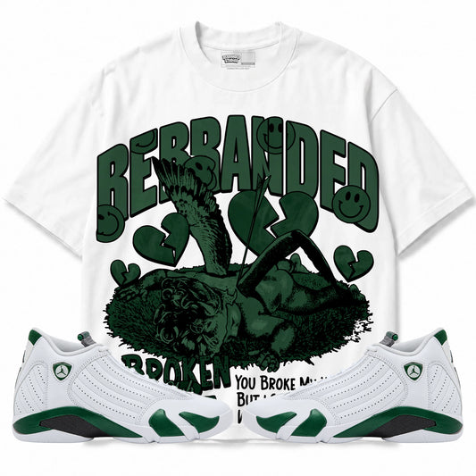 Rebranded Studios Broken Heart Club Air Jordan 14 Forest Green Graphic T-Shirt — front with matching Forest Green 14 sneakers