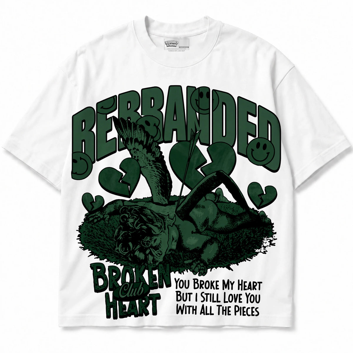 Rebranded Studios Broken Heart Club Air Jordan 14 Forest Green Graphic T-Shirt — shirt front