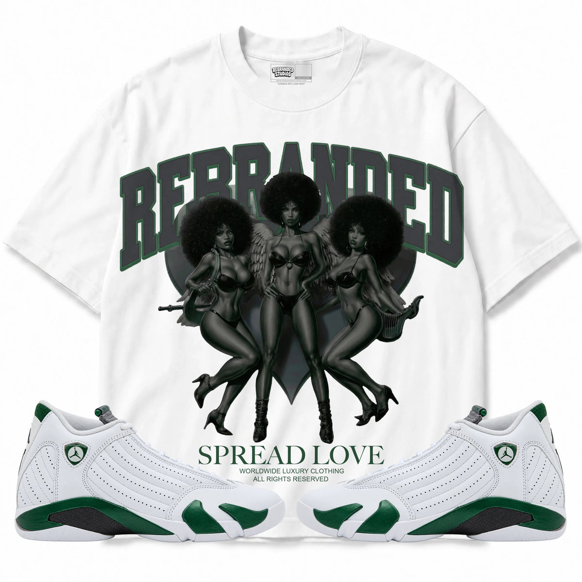 Rebranded Studios Spread Love Air Jordan 14 Forest Green Graphic T-Shirt — front with matching Forest Green 14 sneakers