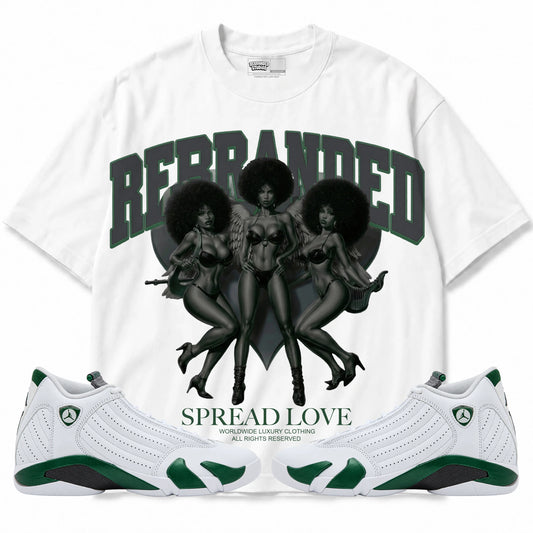 Rebranded Studios Spread Love Air Jordan 14 Forest Green Graphic T-Shirt — front with matching Forest Green 14 sneakers
